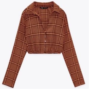 Zara brown and burnt orange cropped plaid check long sleeve shirt NWT